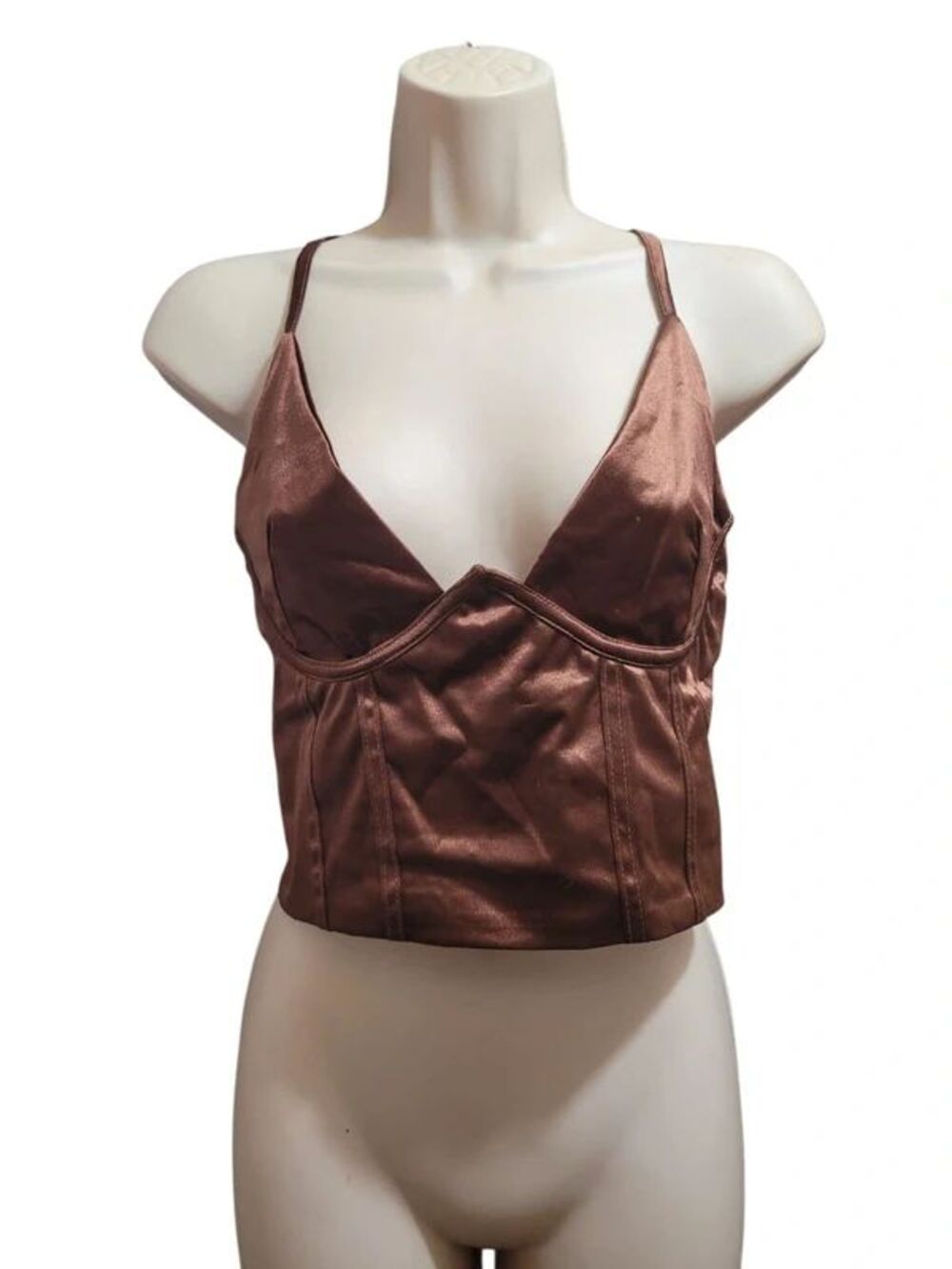 Satin Bustier Style Crop Top Rich Brown Sheen Adjustable Spaghetti Strap